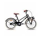 Schwarzes Kinderfahrrad im Vintage-Stil mit Frontgepäckträger und braunem Sattel.