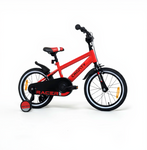 Rotes Kinderfahrrad mit Stützrädern.