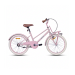 Rosa Kinderfahrrad im Vintage-Stil mit Frontgepäckträger und braunem Sattel.