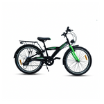 Schwarzes Kinderfahrrad mit grünen Akzenten an Gabel und Rahmen, inklusive Gepäckträger und Schutzblechen.