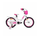 Weißes Kinderfahrrad mit rosa Herz-Motiven, Stützrädern und passendem rosa Korb.
