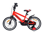 Rotes Kinderfahrrad mit Stützrädern in der Seitenansicht (von der anderen Seite)