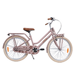 Ein pastellfarbenes Damen-Fahrrad mit Blumenmuster.
