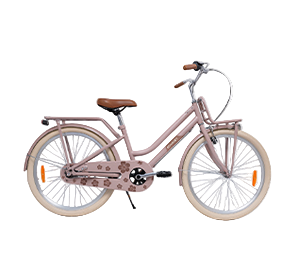 Ein pastellfarbenes Damen-Fahrrad mit Blumenmuster.