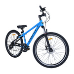 Blaues Mountainbike von vorne rechts