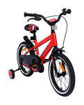 Rotes Kinderfahrrad mit Stützrädern schräg von vorne