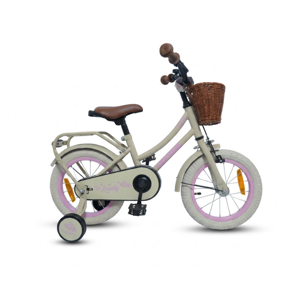Beiges Kinderfahrrad mit Stützrädern und Korb.