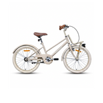 Beiges Kinderfahrrad im Vintage-Stil mit Frontgepäckträger und braunem Sattel.