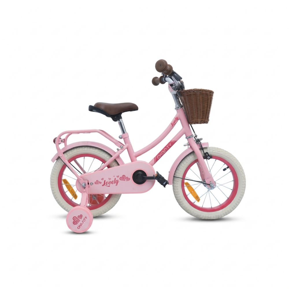 Rosa Kinderfahrrad mit Stützrädern und Korb.