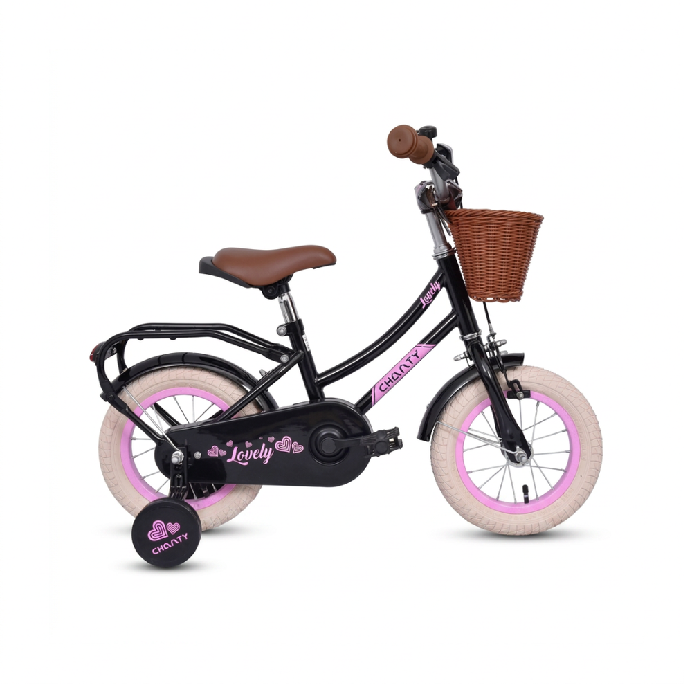 Schwarzes Kinderfahrrad mit Stützrädern und Korb.