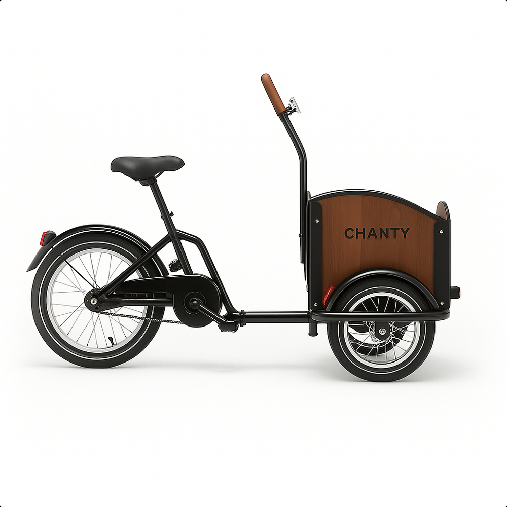Schwarzes Lastenrad mit hölzerner Transportbox