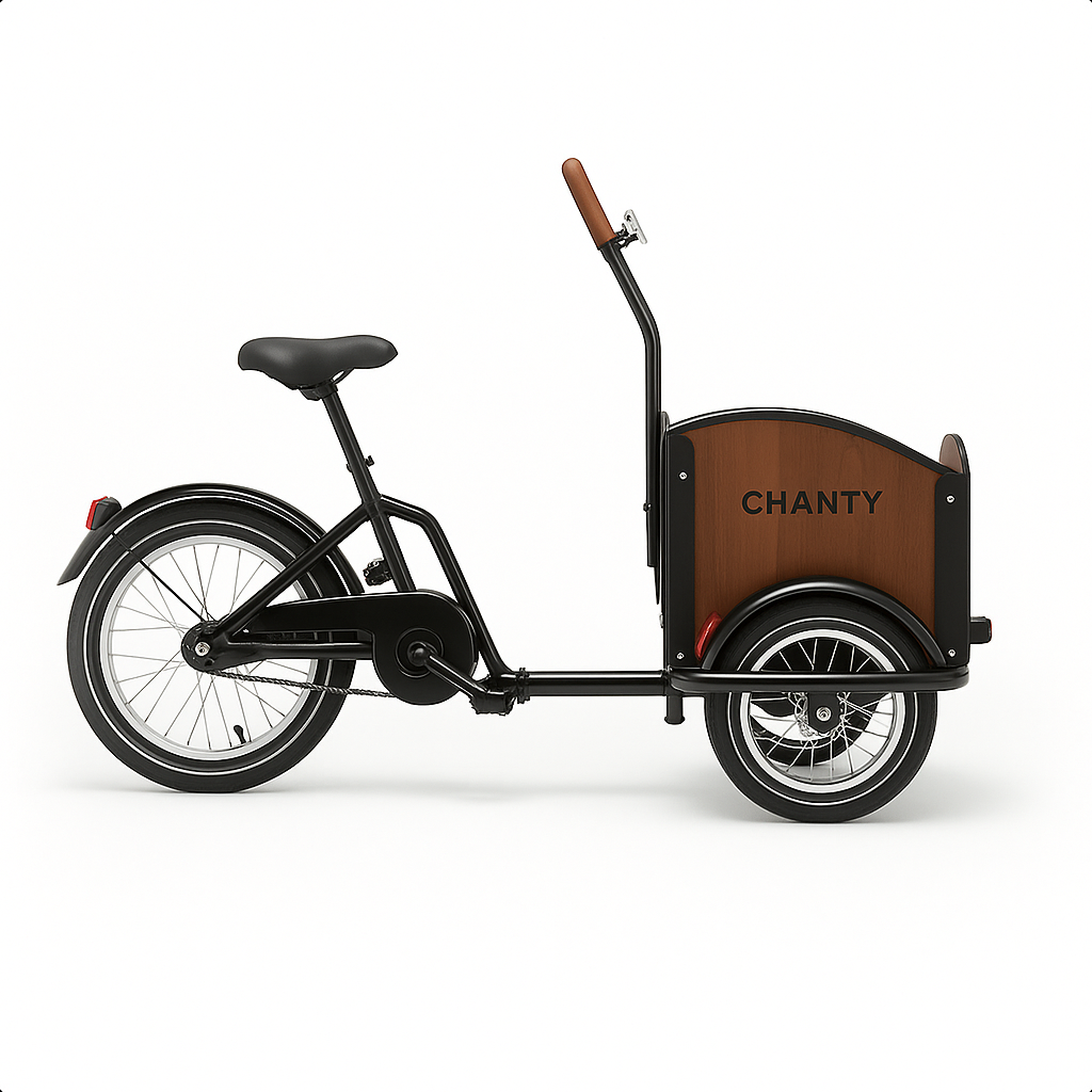 Schwarzes Lastenrad mit hölzerner Transportbox