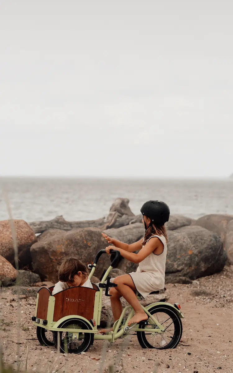 Kinder mit Lastenrad am Strand